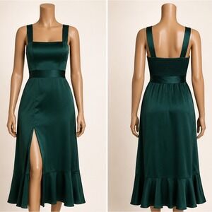 Show Me Your Mumu Claire Midi Dress Womens Small Deep Emerald Luxe Satin Smocked